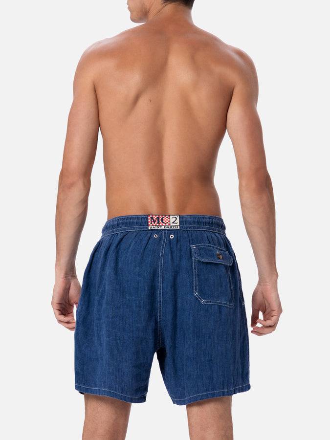Mc2 Saint Barth Costume Da Bagno Uomo Lunghezza Media In Lino Blu Denim Gustavia