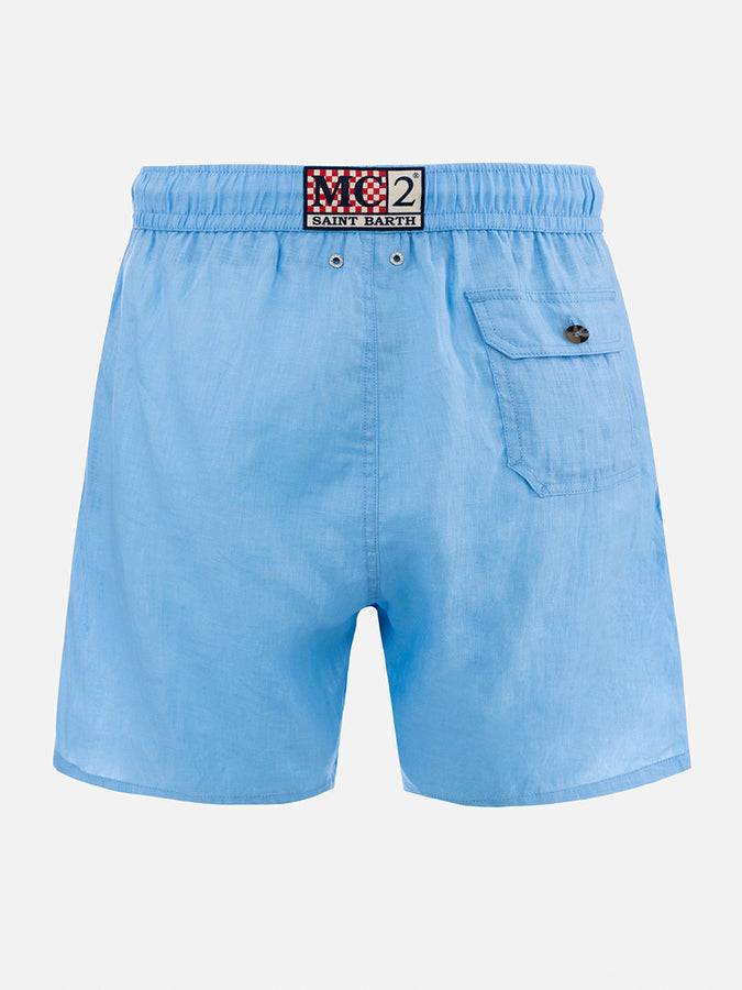 Mc2 Saint Barth Costume Da Uomo Medio Lungo In Lino Color Celeste Gustavia