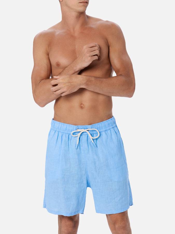 Mc2 Saint Barth Costume Da Uomo Medio Lungo In Lino Color Celeste Gustavia