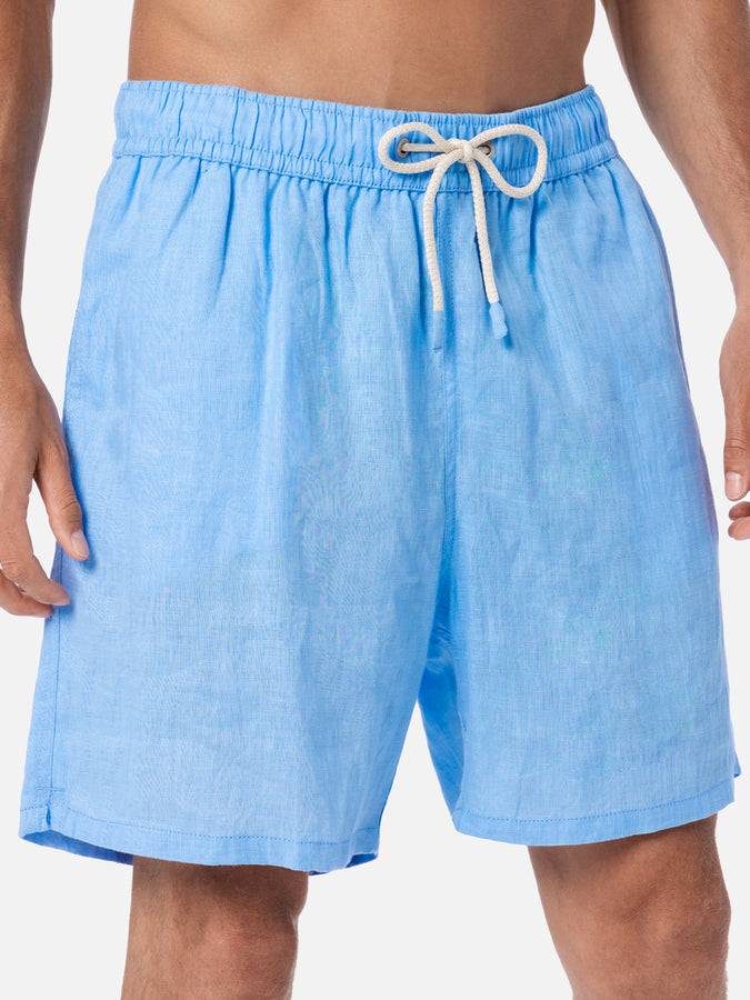 Mc2 Saint Barth Costume Da Uomo Medio Lungo In Lino Color Celeste Gustavia