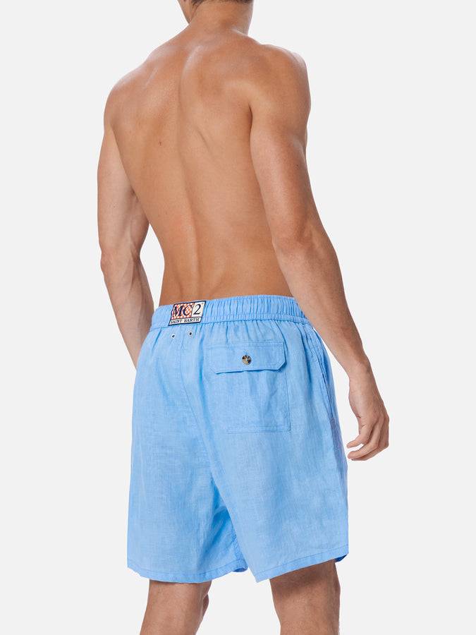 Mc2 Saint Barth Costume Da Uomo Medio Lungo In Lino Color Celeste Gustavia