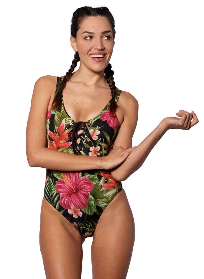 Mc2 Saint Barth Costume Intero Con Ferretto Con Stampa Ibisco Tropicale