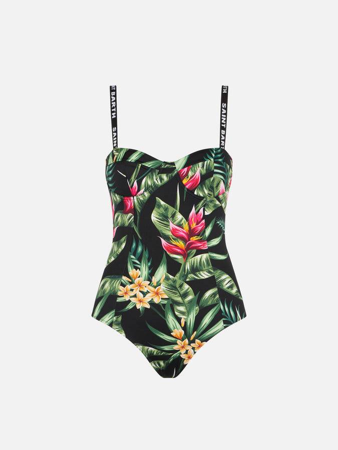 Mc2 Saint Barth Costume Intero Con Stampa Foglie Tropicali