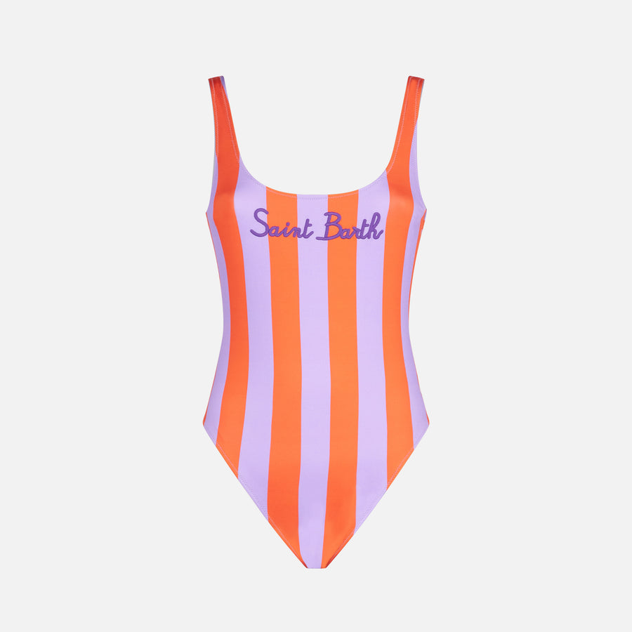 Mc2 Saint Barth Costume Intero Da Donna A Righe Arancio E Lilla