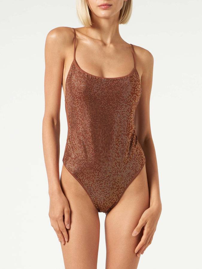 Mc2 Saint Barth Costume intero da donna con strass tonalità marrone