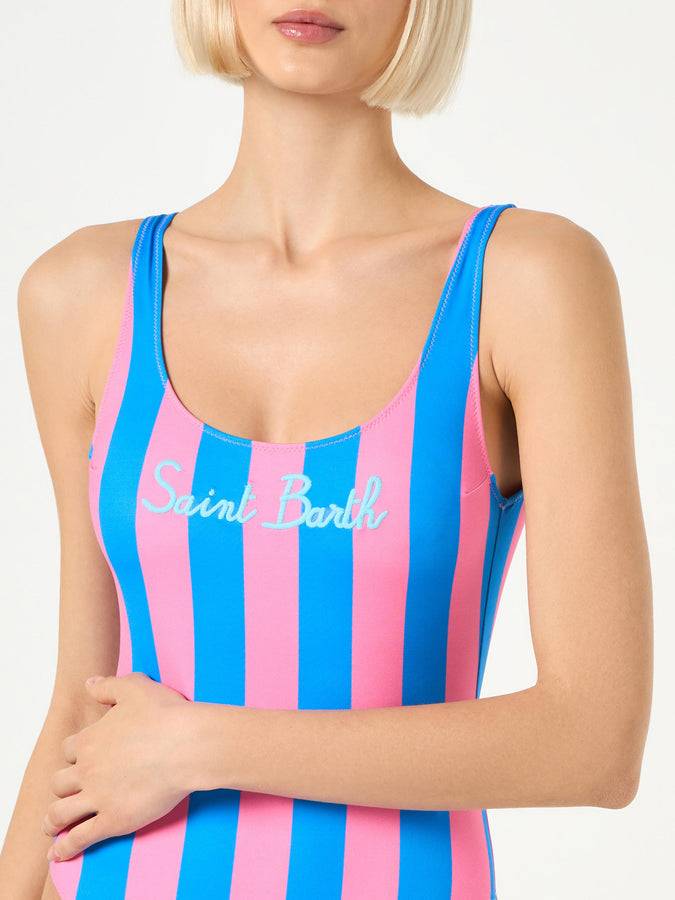 Mc2 Saint Barth Costume Intero Da Donna Stampa Righe Azzurro Polvere E Rosa