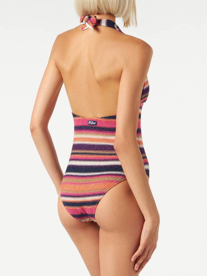 Mc2 Saint Barth Costume Intero In Maglia Fantasia Righe Viola Multicolore