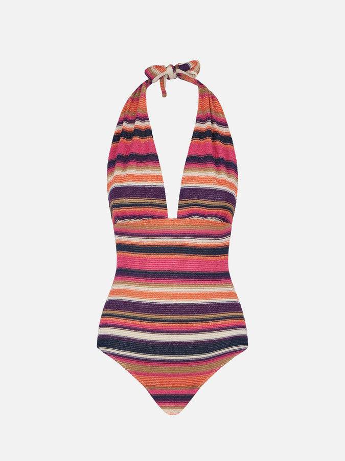 Mc2 Saint Barth Costume Intero In Maglia Fantasia Righe Viola Multicolore