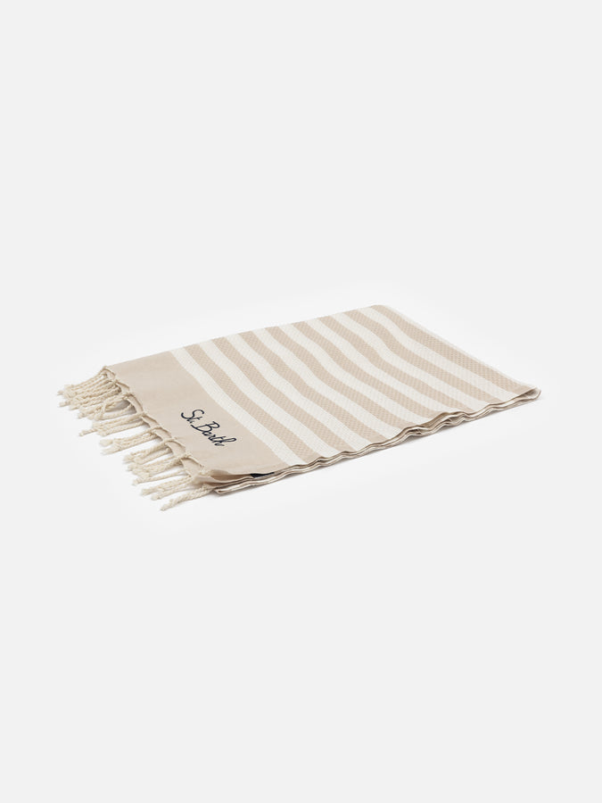 Mc2 Saint Barth Cotton Beach Towel Fouta With Beige Striped Print