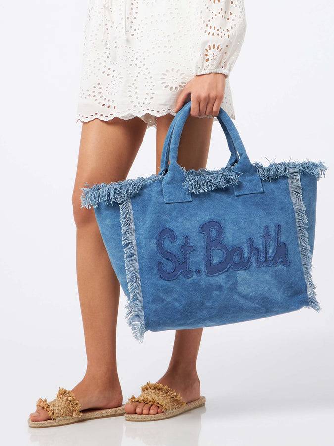 Mc2 Saint Barth Denim Cotton Canvas Vanity Tote Bag With Logo Patch
