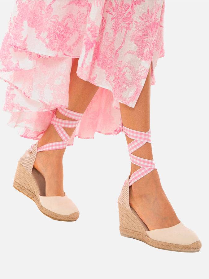 Mc2 Saint Barth Espadrillas In Canvas Stampa Naturale Con Zeppa Alta E Laccio Alla Caviglia