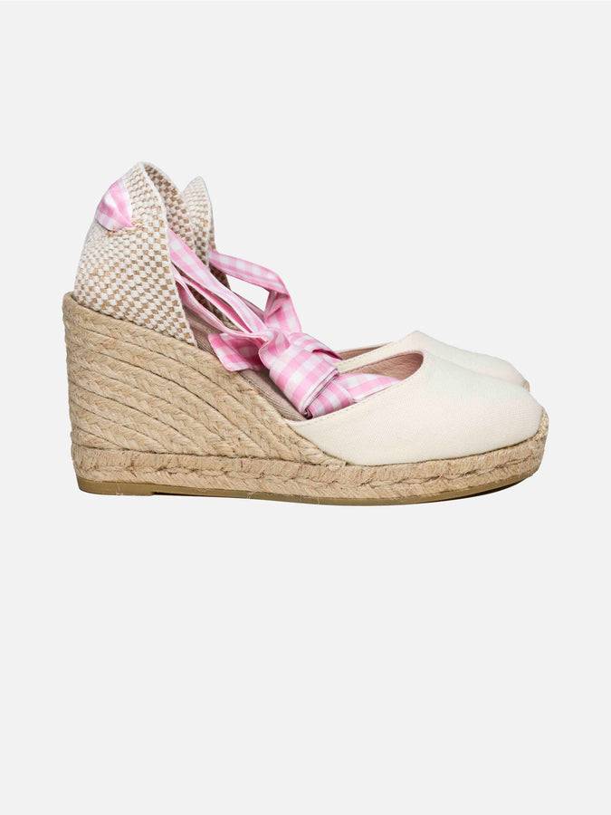 Mc2 Saint Barth Espadrillas In Canvas Stampa Naturale Con Zeppa Alta E Laccio Alla Caviglia