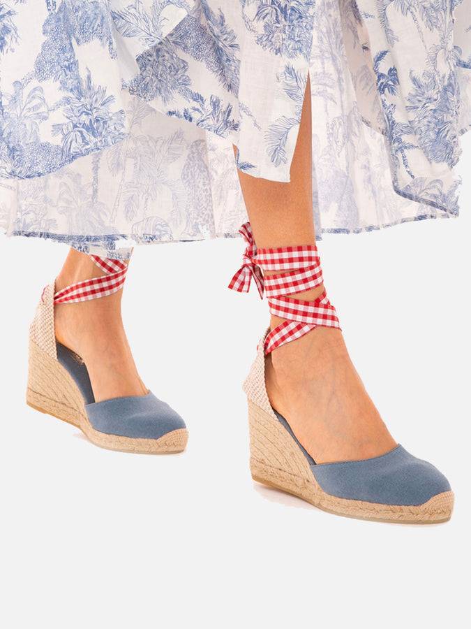 Mc2 Saint Barth Espadrillas In Tela Stampata Blu Con Zeppa Alta E Laccio Alla Caviglia