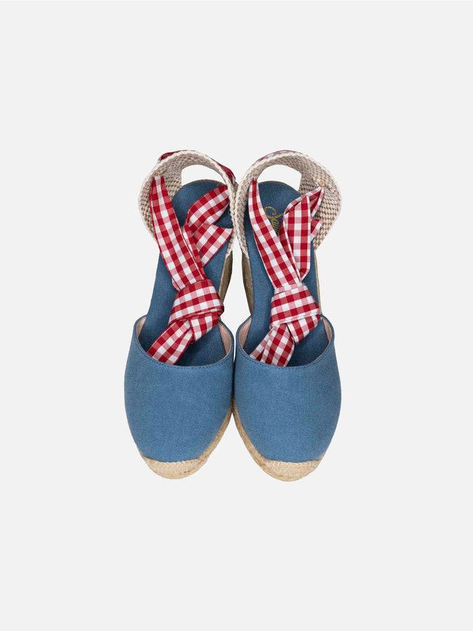 Mc2 Saint Barth Espadrillas In Tela Stampata Blu Con Zeppa Alta E Laccio Alla Caviglia