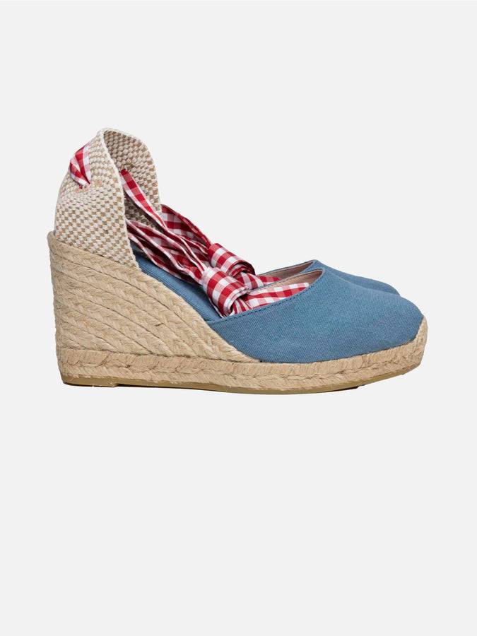 Mc2 Saint Barth Espadrillas In Tela Stampata Blu Con Zeppa Alta E Laccio Alla Caviglia
