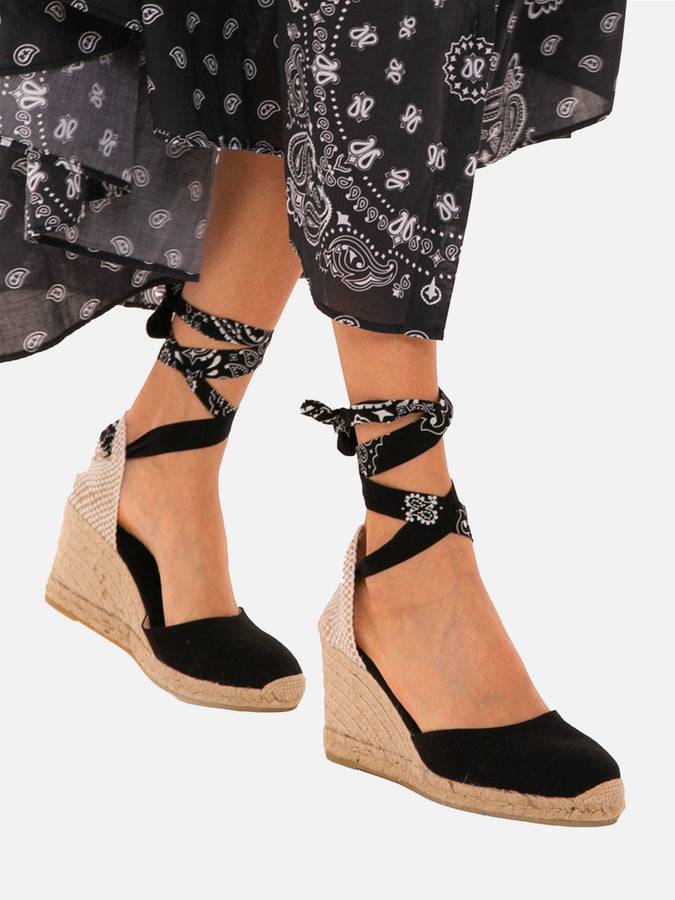 Mc2 Saint Barth Espadrillas Nere In Tela Stampata Con Zeppa Alta E Laccio Alla Caviglia
