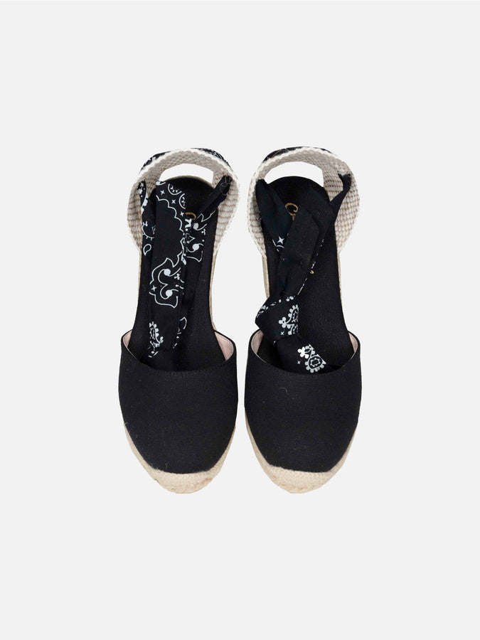 Mc2 Saint Barth Espadrillas Nere In Tela Stampata Con Zeppa Alta E Laccio Alla Caviglia
