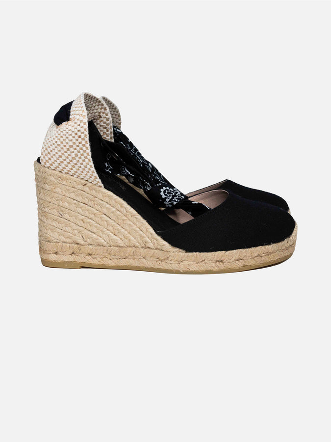 Mc2 Saint Barth Espadrillas Nere In Tela Stampata Con Zeppa Alta E Laccio Alla Caviglia