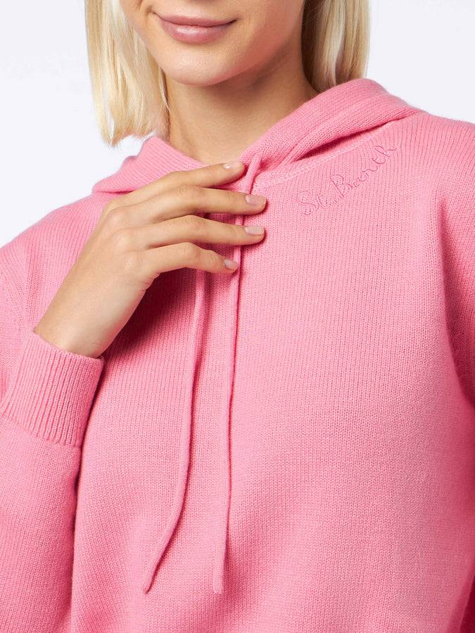 Mc2 Saint Barth Felpa Con Cappuccio Da Donna In Maglia Fucsia Con Ricamo St. Barth
