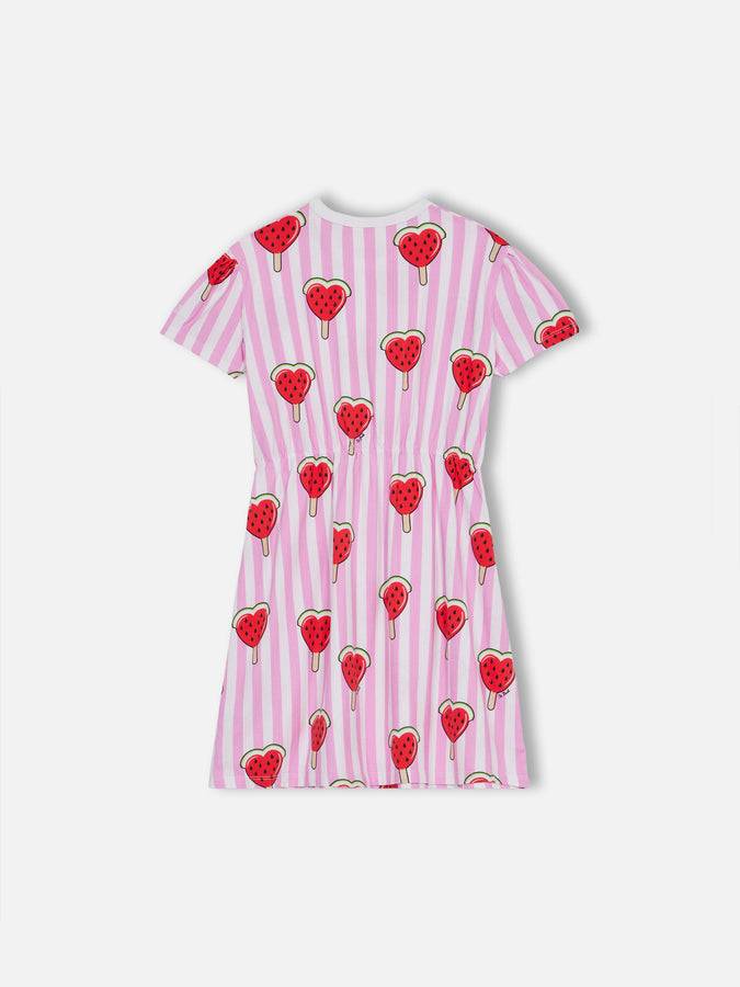 Mc2 Saint Barth Girl Cotton Jersey Dress Leila With Heart Watermelon Print