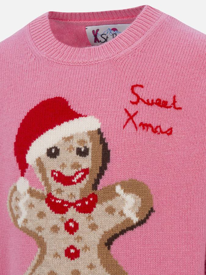 Mc2 Saint Barth Girl Crewneck Pink Sweater With Ginger Bread Print