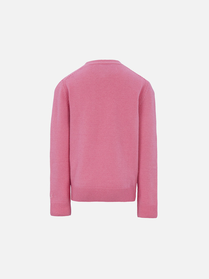 Mc2 Saint Barth Girl Crewneck Pink Sweater With Ginger Bread Print