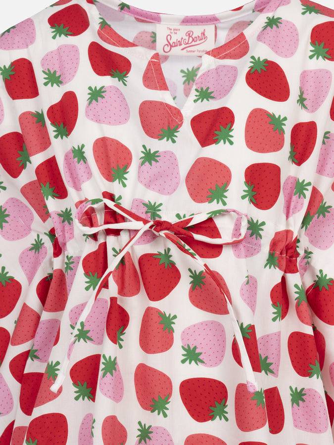 Mc2 Saint Barth Girl Ruffled Cotton Caftan With Strawberry Print
