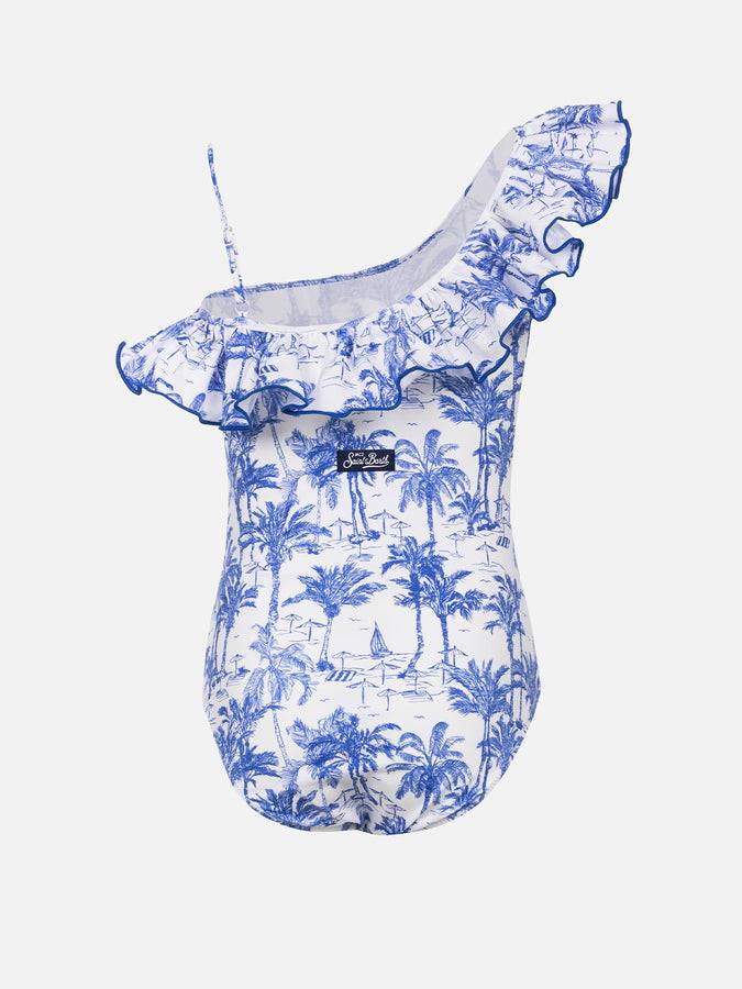 Mc2 Saint Barth Girl Ruffled One Piece Carin Swimsuit With Toile De Jouy Print