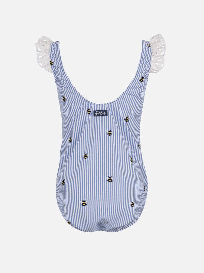 Mc2 Saint Barth Girl Seersucker Cotton One Piece Swimsuit Tilda With Ruffled Straps