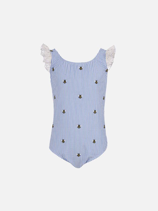 Mc2 Saint Barth Girl seersucker cotton one piece swimsuit Tilda with ruffled straps