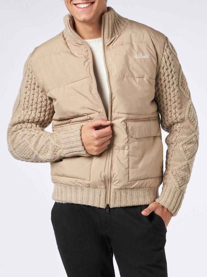 Mc2 Saint Barth Giubbotto imbottito da uomo beige con maniche in maglia intrecciata