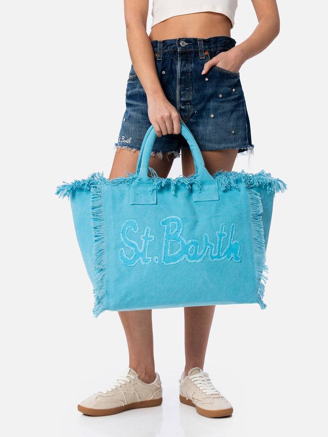 Mc2 Saint Barth Light Blue Cotton Canvas Vanity Tote Bag With Logo Patch
