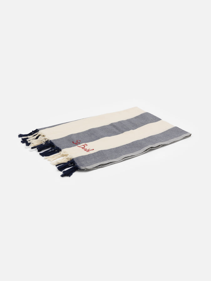 Mc2 Saint Barth Light Cotton Beach Towel Fouta With Navy Blue Striped Print
