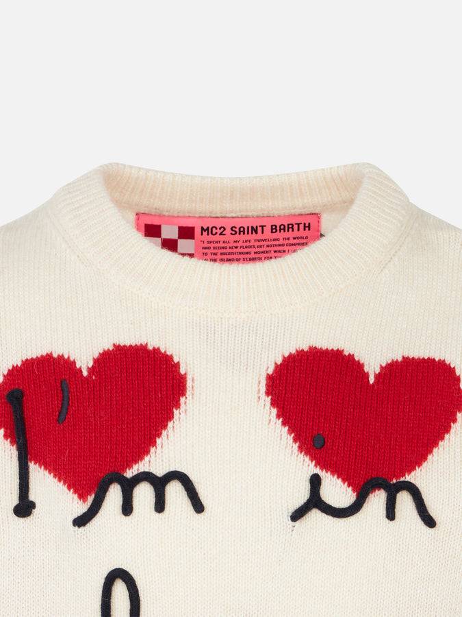 Mc2 Saint Barth Maglia Bianca Da Bambina Con Stampa Jacquard Cuori