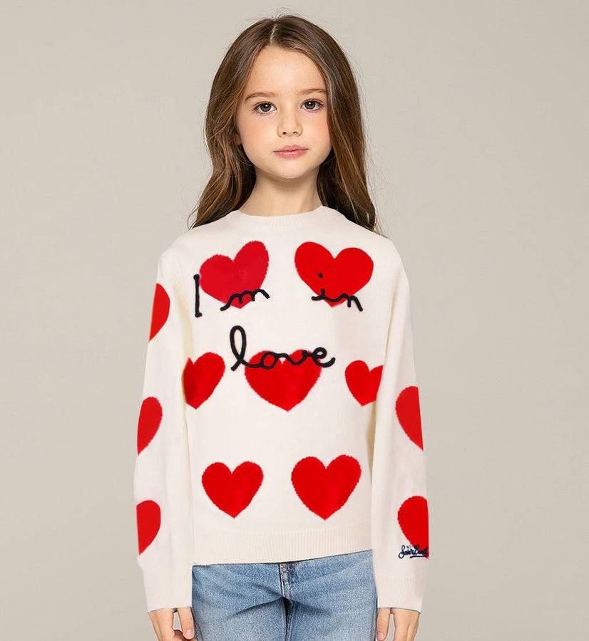 Mc2 Saint Barth Maglia Bianca Da Bambina Con Stampa Jacquard Cuori