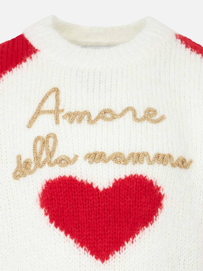 Mc2 Saint Barth Maglia Da Bambina Girocollo A Costine Morbide Con Cuori E Ricamo Amore Della Mamma
