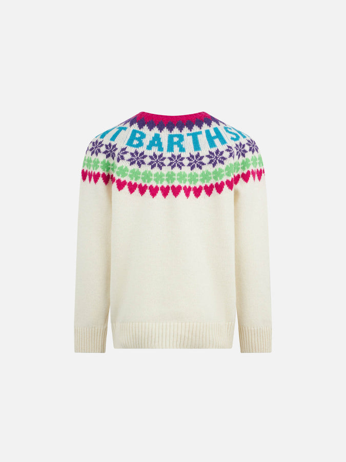 Mc2 Saint Barth Maglia Da Bambina Girocollo Bianca Con Stampa Cuori Fair Isle