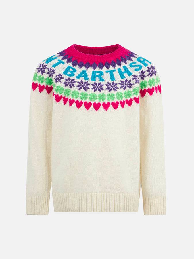 Mc2 Saint Barth Maglia da bambina girocollo bianca con stampa cuori Fair Isle