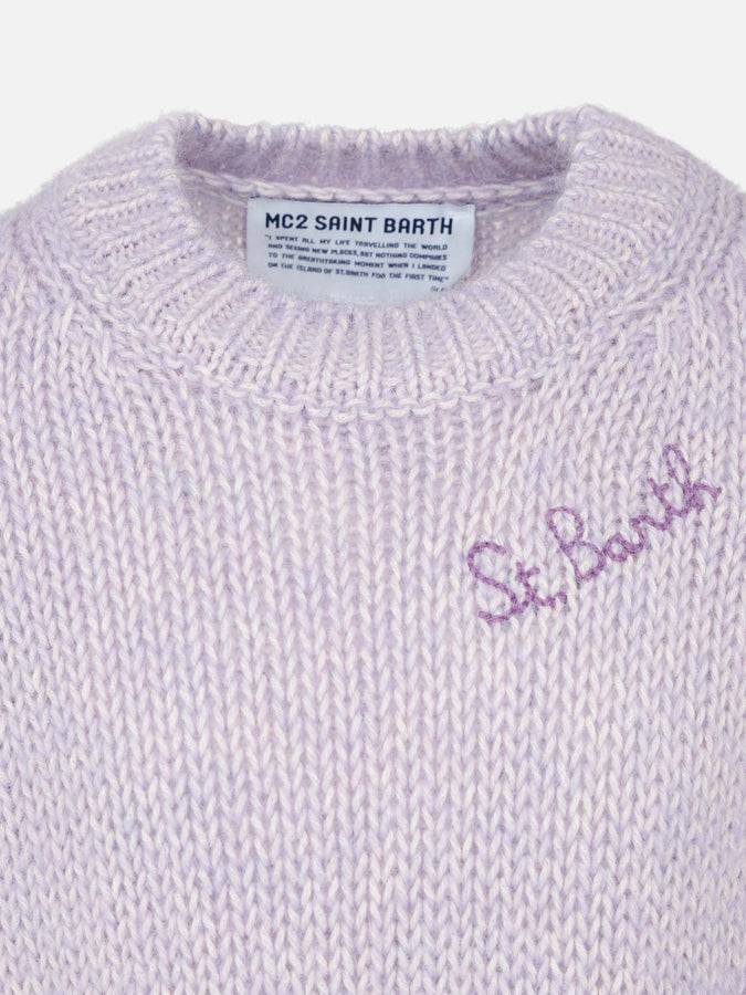 Mc2 Saint Barth Maglia Da Bambina Girocollo Morbida Lilla Con Ricamo St. Barth