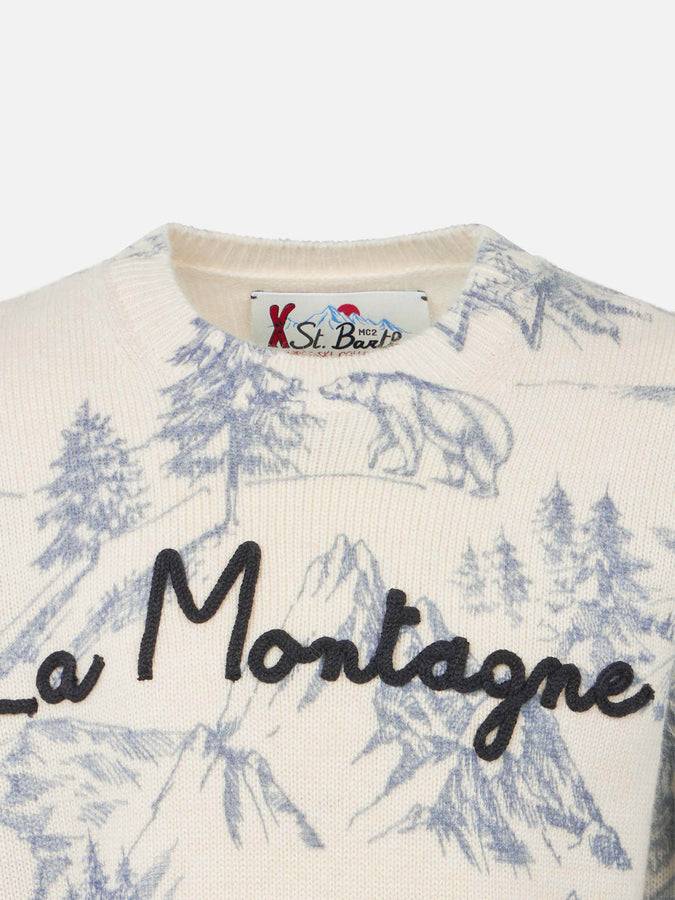 Mc2 Saint Barth Maglia Da Bambino Toile De Jouy Girocollo Con Ricamo La Montagne