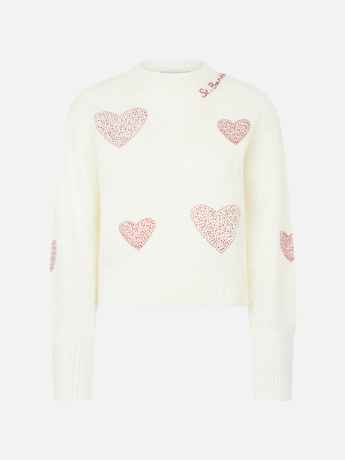 Mc2 Saint Barth Maglia Da Donna Bianca Garzata Con Cuori In Strass