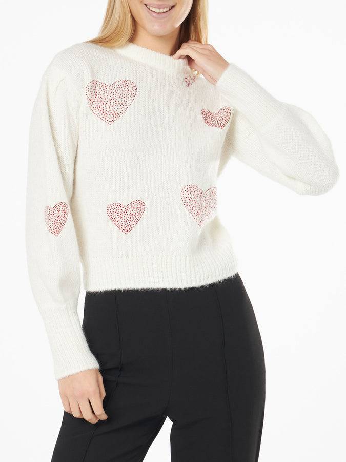Mc2 Saint Barth Maglia da donna bianca garzata con cuori in strass