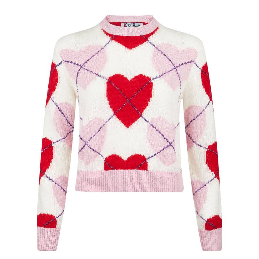 Mc2 Saint Barth Maglia Da Donna Cropped Garzata Da Donna Con Fantasia A Cuori