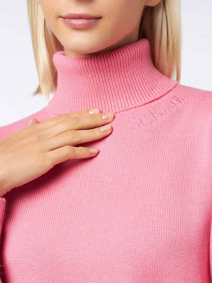 Mc2 Saint Barth Maglia Da Donna Dolcevita Rosa Lavorato A Maglia