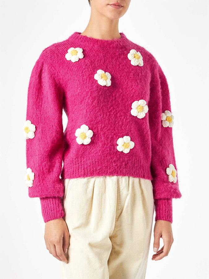 Mc2 Saint Barth Maglia Da Donna Garzata Con Applicazioni Di Fiori All'uncinetto