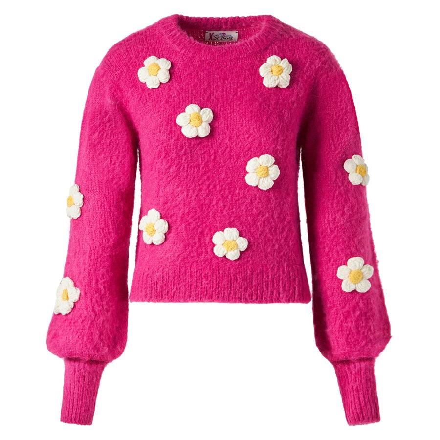 Mc2 Saint Barth Maglia Da Donna Garzata Con Applicazioni Di Fiori All'uncinetto
