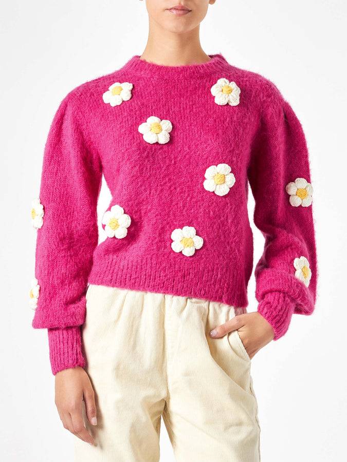 Mc2 Saint Barth Maglia da donna garzata con applicazioni di fiori all'uncinetto