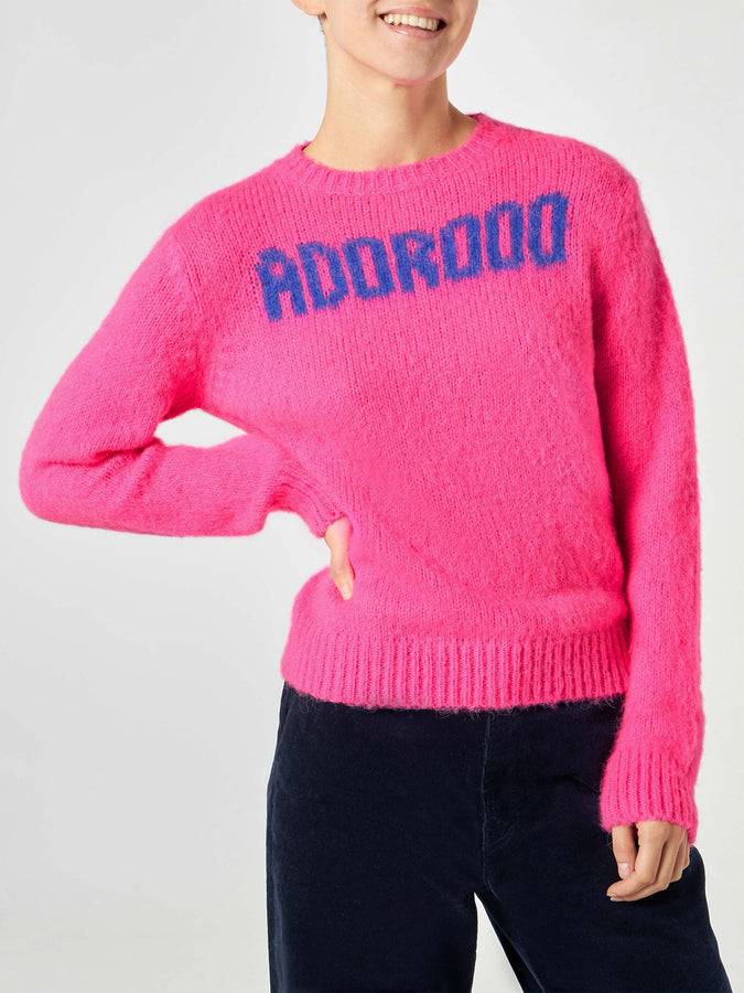 Mc2 Saint Barth Maglia da donna garzata rosa fluo con stampa Adoro