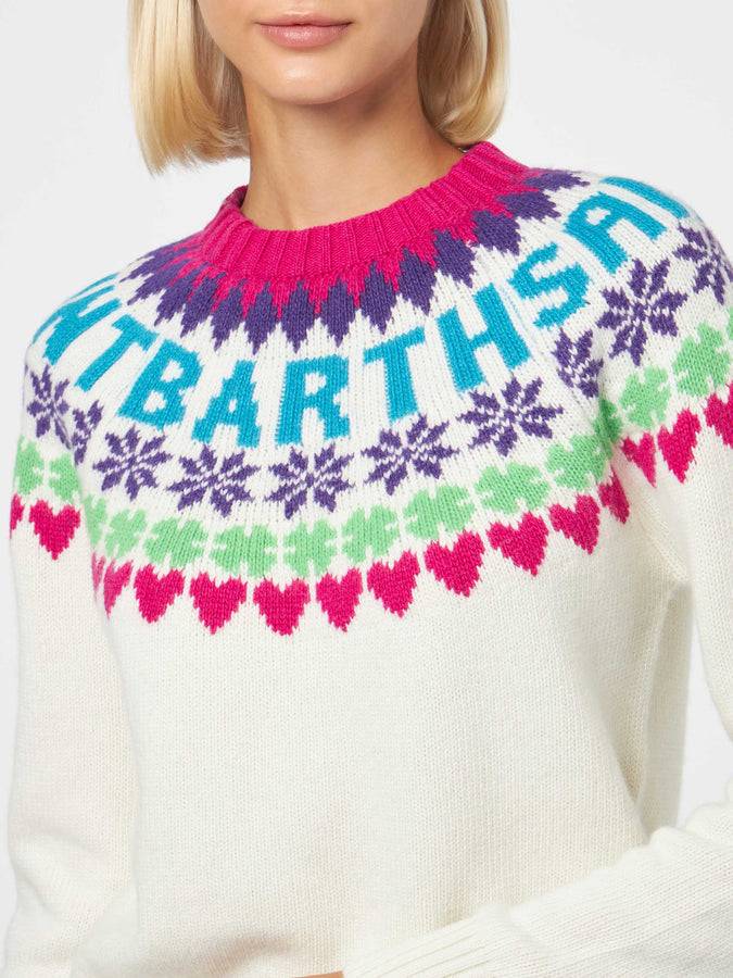 Mc2 Saint Barth Maglia Da Donna Girocollo Bianca Con Stampa Cuori Fair Isle