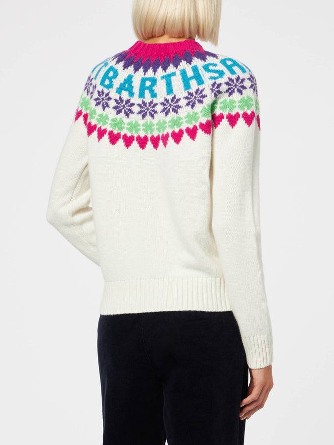 Mc2 Saint Barth Maglia Da Donna Girocollo Bianca Con Stampa Cuori Fair Isle